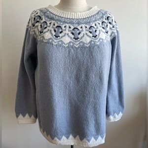 Blue/white/navy fair isle patterned round yoke sweater